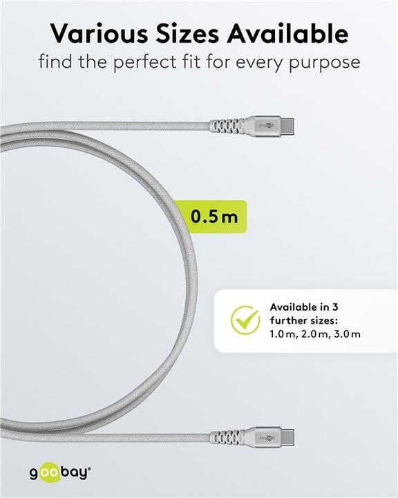 Produktbild Goobay USB-C-auf-USB-C-Textilkabel mit Metallsteckern, 2 m, weiss (2 m, USB 2.0)