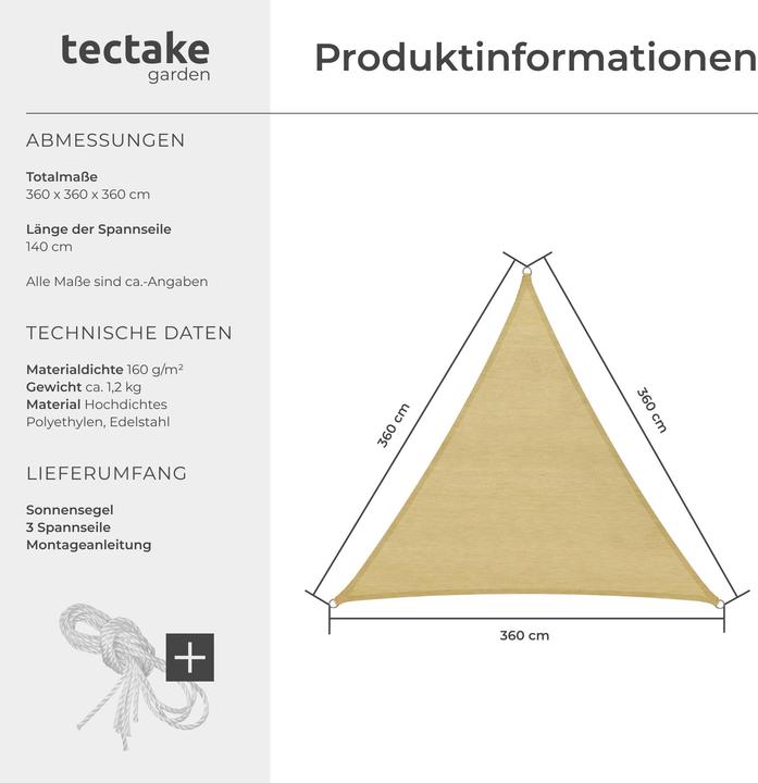 Produktbild tectake Sonnensegel (360 x 360 x 360 cm)