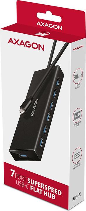 Produktbild Axagon HUE-F7A 7x USB 3.2 Gen 1 Aluminium Flat Hub, 30 cm USB-C-Kabel (USB-C, 7 Ports)
