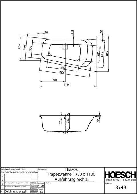 Actual product image Hoesch Trapezoid bathtub THASOS 1750x1100x490mm re white (280 l, 175 cm, 110 cm)