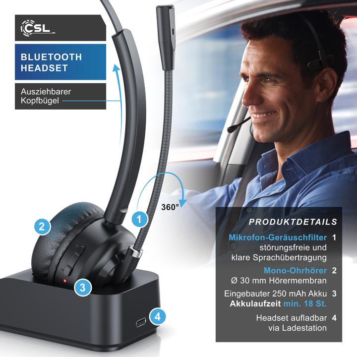 Image du produit CSL Casque sans fil, casque Bluetooth, microphone, station de charge, annulation du bruit, multipoint (Sans fil, USB-A)