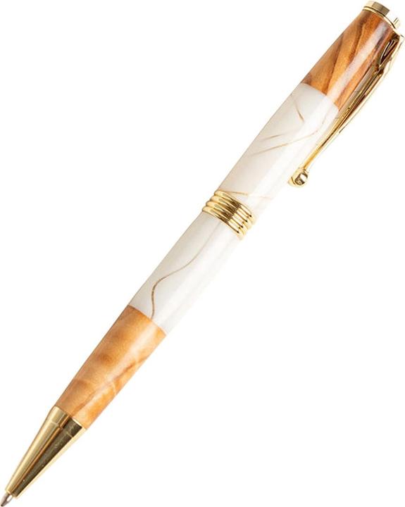 Produktbild Natura Punto Holzkugelschreiber Olive mit Metall- und Harz-Details, braun, weiss, gold (Weiss, Braun, Gold)