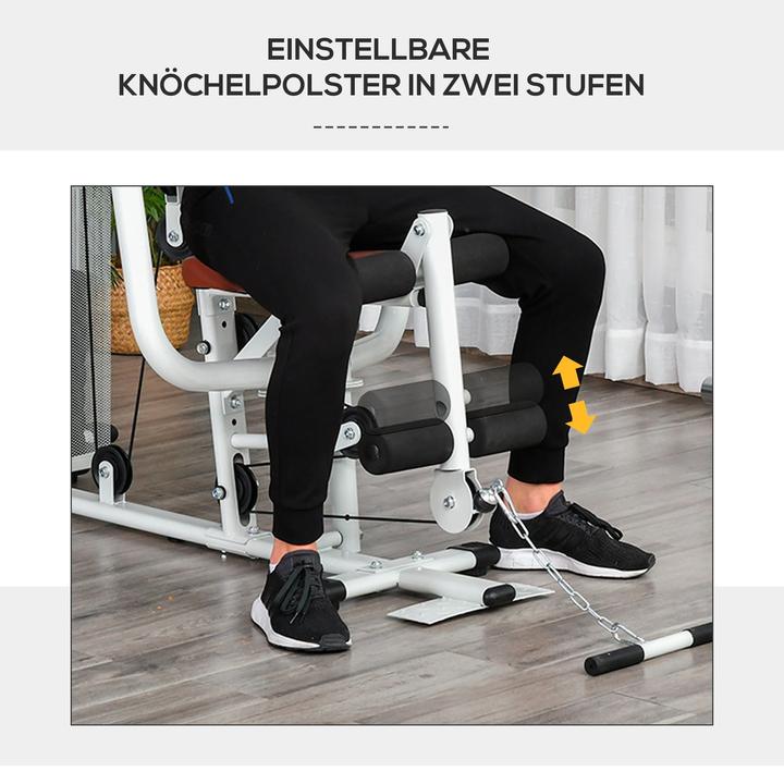 Produktbild Homcom Gym Kraftstation Multigym Fitnessgerät inkl. Gewichten Metall PU-Kunstleder Weiss 150x110x210cm
