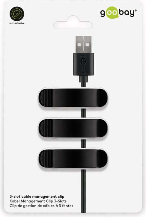 Actual product image Goobay Cable Management Clip 3-Slots, black (Plastic cable ties, 55 mm, 3 pcs.)