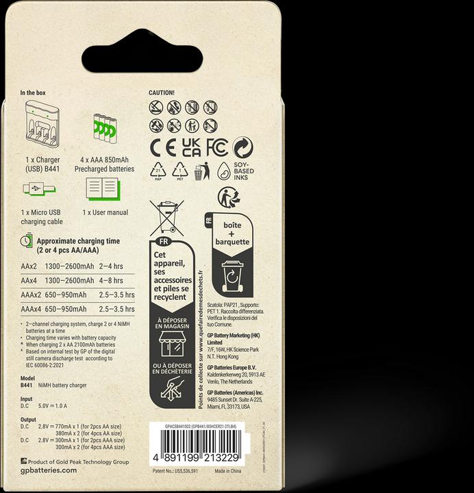 Produktbild GP Batteries GP ReCyko Everyday Battery Charger, B441 (USB), incl. 4 x AAA 850 mAh Batteries (4 Stk., AAA, 850 mAh, Ladegerät inkl. Akku)