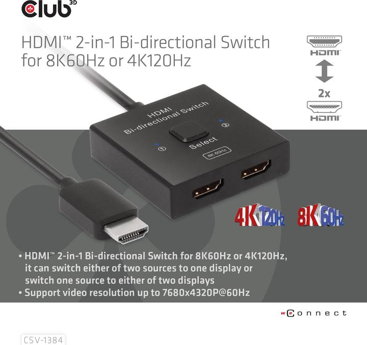 Immagine prodotto Club 3D Club3D Switch HDMI 2-in-1 bidirezionale 8K60Hz/4K120Hz UHD al dettaglio