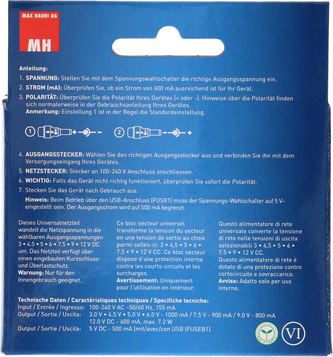 Immagine prodotto Max Hauri Alimentatore universale a spina 600mA