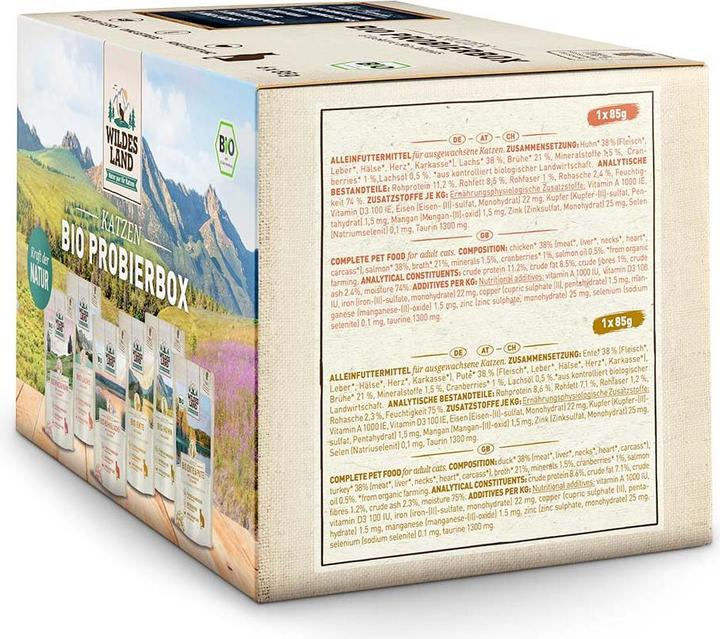 Produktbild Wildes Land Nassfutter Adult BIO Probierbox, 6 x 85 g (Adult, 6 Stk., 620 g)