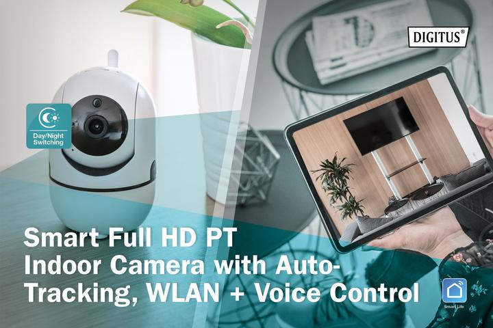 Produktbild Digitus Smarte Full HD PT-Innenkamera mit Auto-Tracking, WLAN + Sprachsteuerung (1920 x 1080 Pixels)