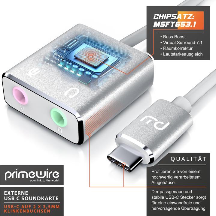 Immagine prodotto Primewire Scheda audio esterna USB C, Virtual 7.1 Surround, adattatore audio stereo / cuffie, convertitore (USB-C)