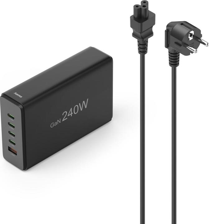 Hama Laadstation 5 poorten, GaN, snellader, 4xUSB-C, 1xUSB-A, PD, 240 W, SW (240 W)