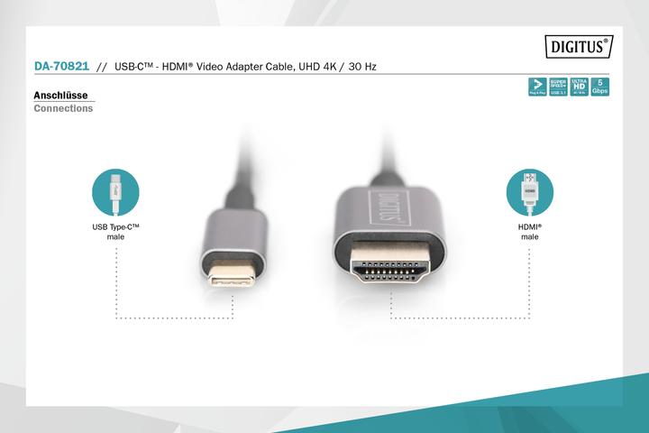 Produktbild Digitus USB Typ C — HDMI (Typ A) (1.80 m, USB Typ C)
