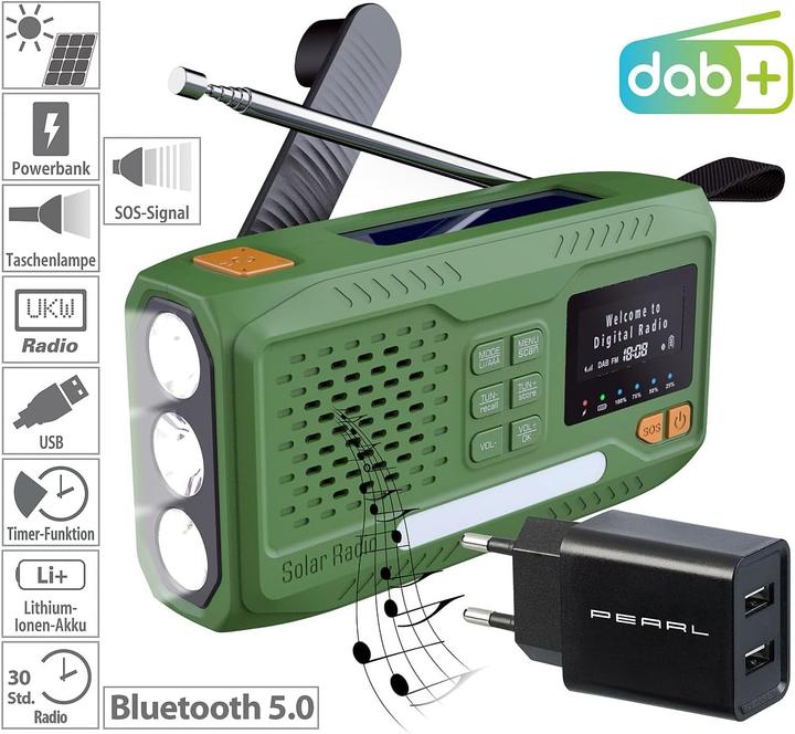 Produktbild Infactory Mobiles DAB+-Kurbelradio mit EWF, Solarpanel, LED und USB-Netzteil (DAB+, UKW, Bluetooth)