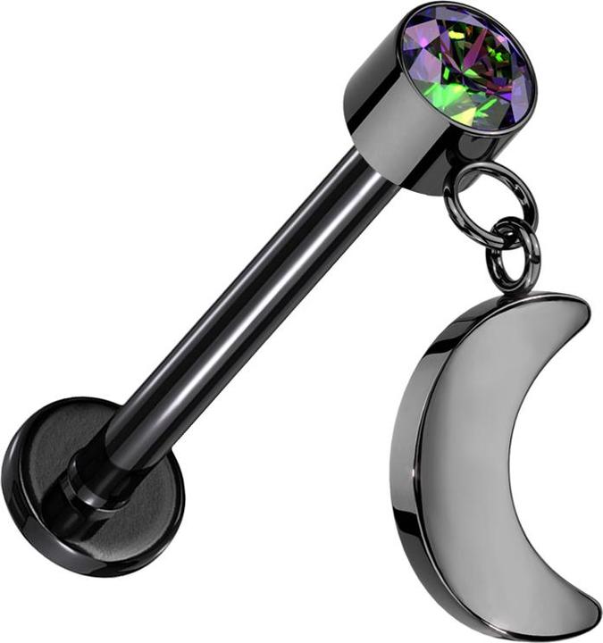 Image du produit Star Piercing Micro Threadless Labret noir cylindre noir cristal foncé multicolore pendentif lune noir (sans laiton, Titane G23)