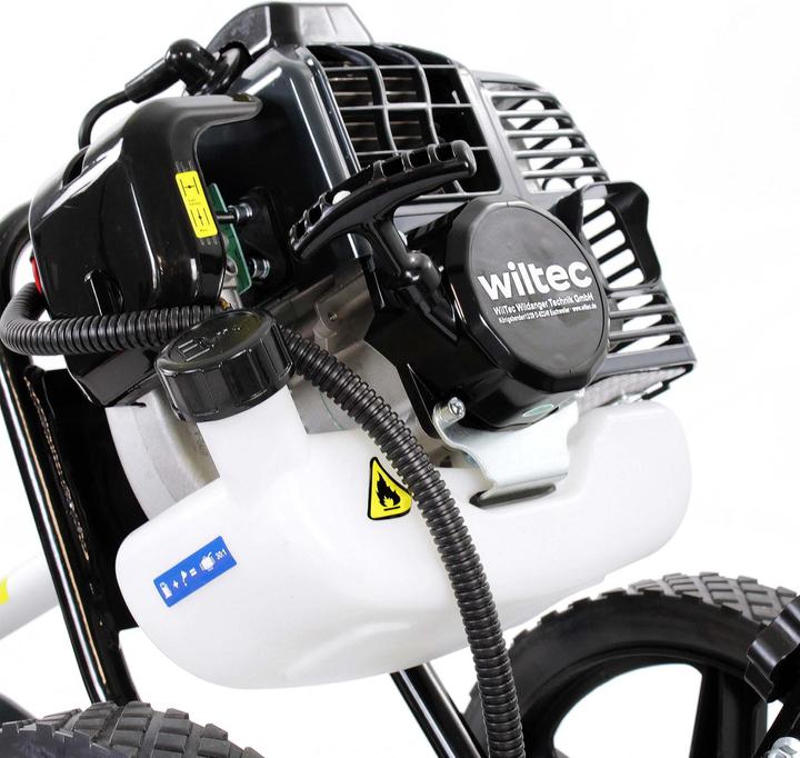 Produktbild Wiltec 2in1 Benzin Motorsense 1,9kW Räder Freischneider Rasentrimmer Gartengerät (Metallschneideblatt, Trimmfaden)