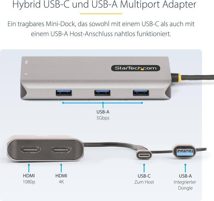 Produktbild StarTech COM USB-C & USB-A Multiport Adapter Dual HDMI 4K/1080p 3-Port USB Hub USB-C to A Dongle Min (USB-C, 3 Ports)