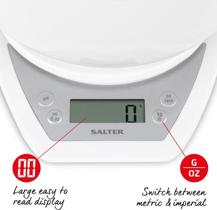 Actual product image Salter 1024 WHDR14 Digital Kitchen Scales with Dual Pour Mixing Bowl white