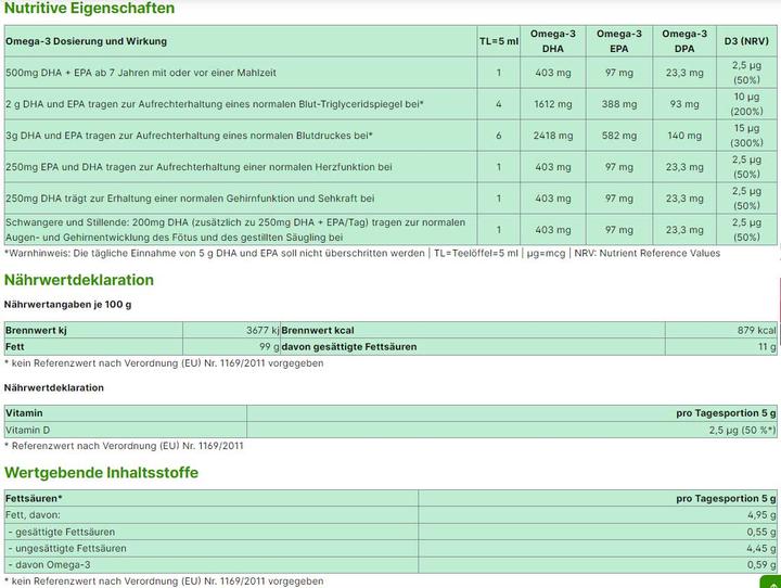 Nährwerte und Zutaten Energybalance Ovega3 D3 Algenöl (1 Stück, Tropfen)