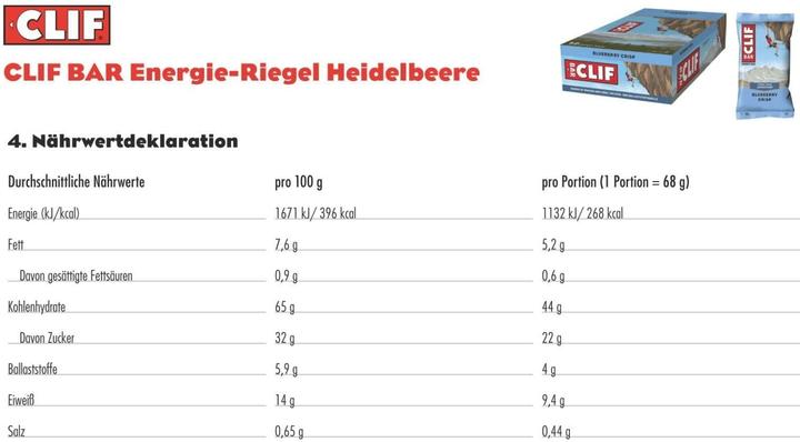 Valeurs nutritives et ingrédients Clif Bar Barres énergétiques (Baies, Myrtille, 12 pcs, 816 g)