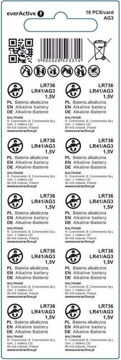 Immagine prodotto Everactive Mini batterie alcaline G3 LR736 LR41 - confezione blister da 10. (10 pz., LR41, 40 mAh)