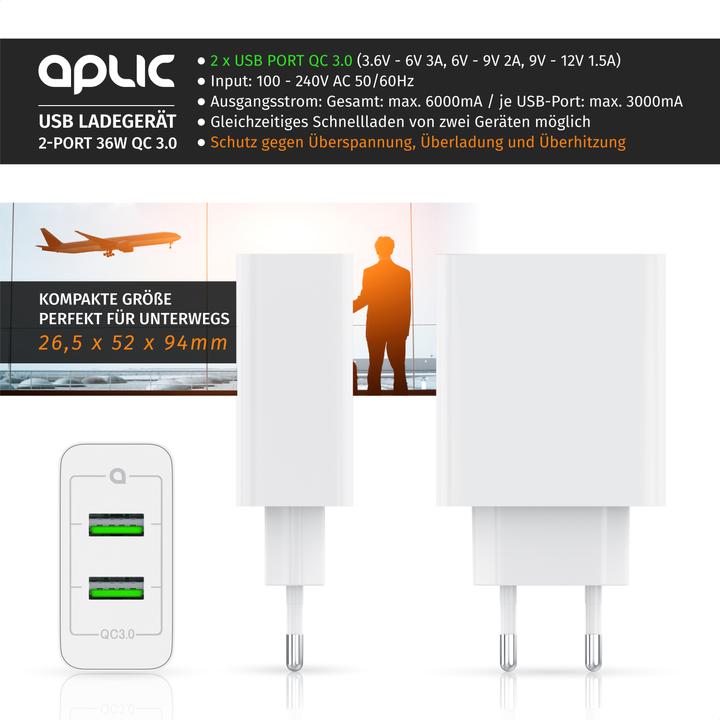 Produktbild Aplic USB Ladegerät, 2-Port Quick Charge USB Ladegerät 36 W / 6000 mA / Schnellladefunktion, weiss (36 W)