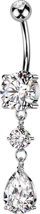 Image du produit Star Piercing Banane argentée avec deux boules de cristal argenté pendentif rond et goutte de cristal (Laiton, Acier chirurgical 316L)