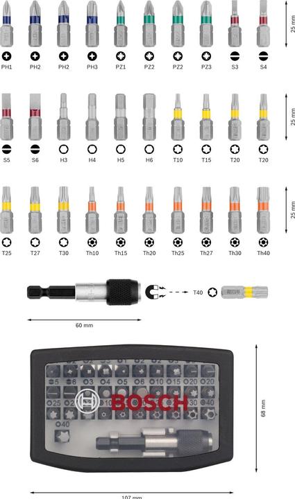 Produktbild Bosch Professional Zubehör Bits-Satz mit Klingenhalter (Kreuz Phillips PH M1, Kreuz Pozidriv PZ M1, Kreuz Pozidriv PZ M2, Kreuz Phillips PH M3, Kreuz Pozidriv PZ M3, Innensechsrund TX mit Loch M10, Innensechsrund TX Mit Loch M25, Innensechsrund TX mit Loch M27, Innensechsrund TX mit Loch M30, Innensechsrund TX Mit Loch M40, Sechskant (hexagonal) M3)