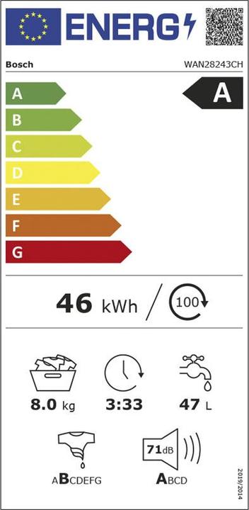 Energie-Label Bosch Hausgeräte WQG233D1CH & WAN28243CH Waschturm (8 kg, Rechts, CH-Stecker)
