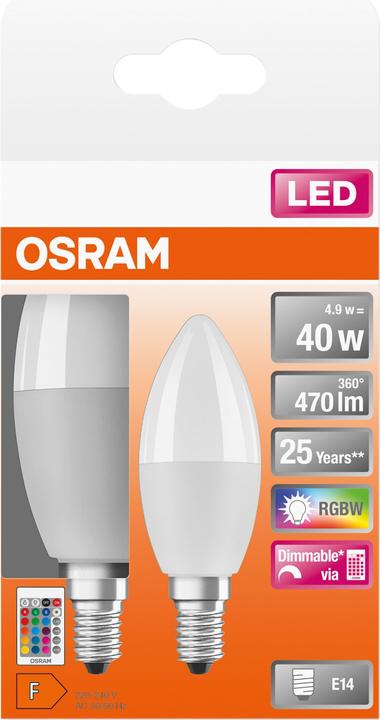 Actual product image Osram LED STAR+ CLB RGBWFR 40 DIM via rem. con 5,5W/827 E14 470LM 2pcs BOX (E14, 4.90 W, 470 lm, 2 x, F)