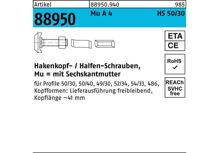 Image du produit Halfen Vis à tête marteau R 88950 Type 50/30 Écrou hexagonal M 12 x 40 Mu A 4 (25 Vis par pièce)
