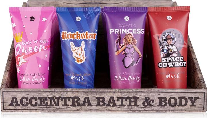 Accentra Lotion pour les mains et le corps en tube, 100ml, 4 designs/2 parfums assortis : Rock'n'Roll Queen (Lotion pour le corps, 100 ml)