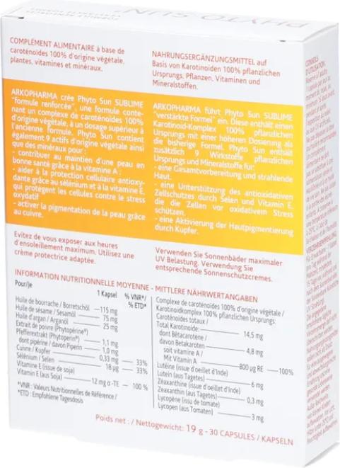 Nutritional values and ingredients Phyto Sun Sublime Capsules (30 Piece, Capsules, 43 g)