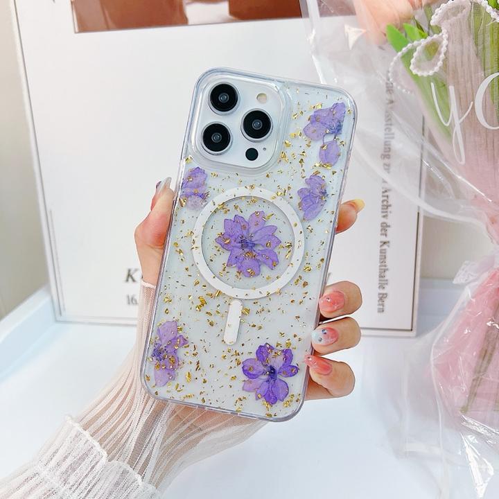 Actual product image RPD iPhone 16e - Hülle mit echten Blumen und goldenen Akzenten mit MagSafe, violett (Apple iPhone 16e)