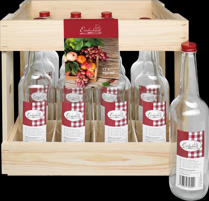 Image du produit Einkochwelt Caisse en bois avec 12 x bouchon de bouteille en verre rouge 700 m (12 pcs, 0.70 l)