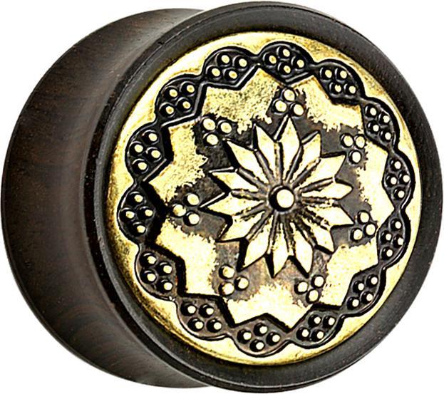Actual product image Star Piercing Ebony Flared Plug Tribal Flower (Organic, Brass)