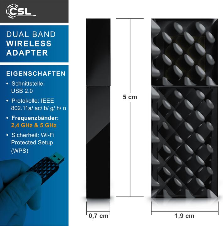 Produktbild CSL WLAN USB Adapter, AC450 WIFI Dual Band Stick, 433 MBit/s, 2,4 GHz / 5 GHz, 802.11ac, WPS, Windows 11 (USB 2.0)