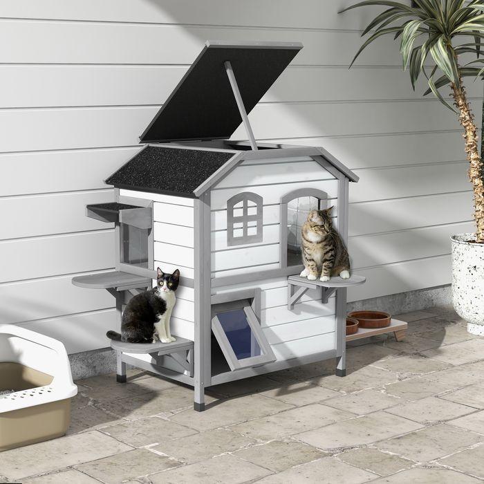 Actual product image Swisshandel24 Cat house Cat hut Cat cave, 2 floors, weatherproof, 78.1cmx55.2cmx90.8cm, white + grey (Cat)