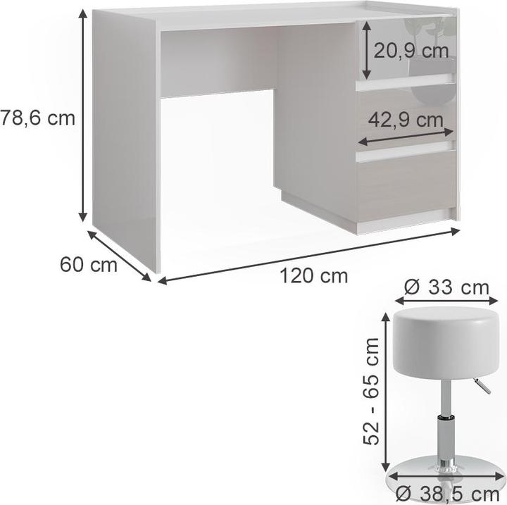 Produktbild Vicco Schminktisch Marla, Weiss Hochglanz, 120 cm mit Hocker (120 x 60 x 79 cm)