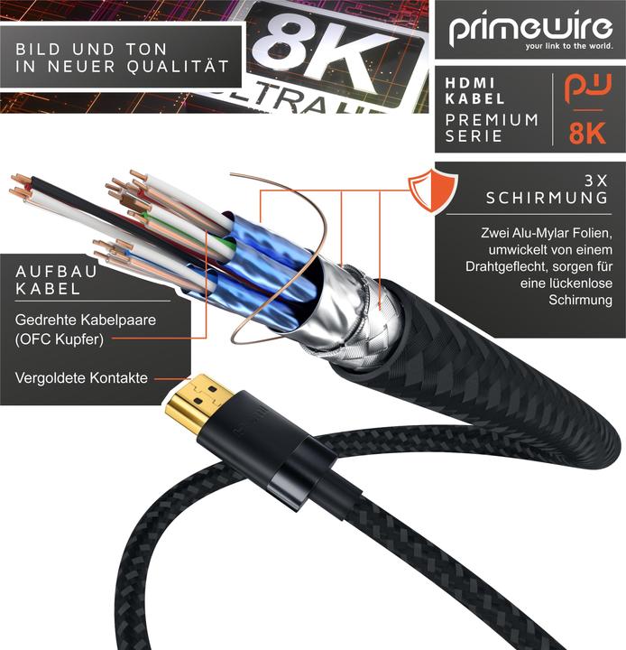 Produktbild Primewire HDMI Kabel 2.1, 8K @ 120Hz / 4K @ 240Hz DSC, Ultra High Speed, Nylonummantelung, HDR, ARC (1 m, HDMI)
