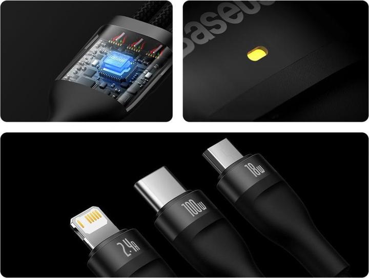 Actual product image Baseus 3in1 USB cable Flash Series, USB-C + micro USB + Lightning, 100W, 1.2m (black) (1.20 m, USB 3.2 Gen 1, 100 W)