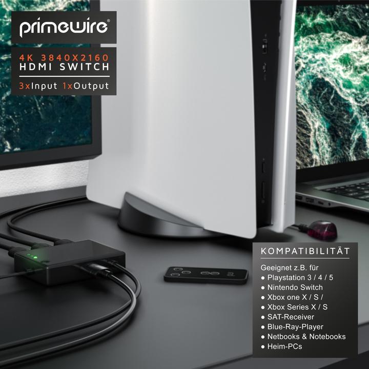 Produktbild Primewire HDMI Switch 4k Ultra HD, 3 Port Verteiler mit Fernbedienung, 4K, 3D, CEC, ARC
