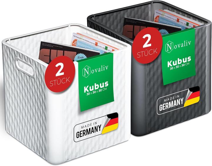 Actual product image Novaliv 4 Stück Kunststoff Boxen für Kallax Regal Anthrazit & Weiss Aufbewahrungsbox 30x30x30 cm Falt (30 x 30 x 30 cm, 25 l)