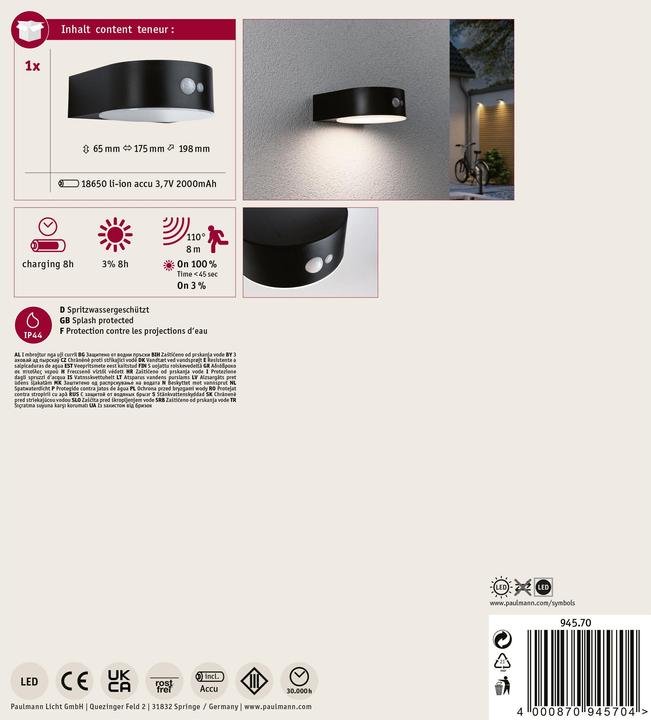 Produktbild Paulmann Solar Wandleuchte Eileen (600 lm, IP44)