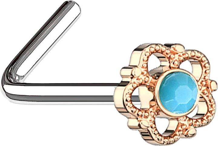 Produktbild Star Piercing Nasenstecker gewinkelt rosegold Blume mit türkis Stein (Chirurgenstahl 316L, Messing, Mineralisch)