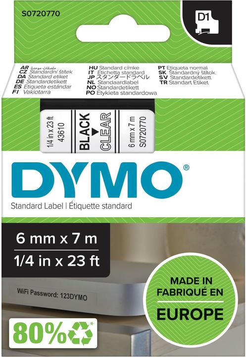Produktbild Dymo D1 Schriftband 43610 6mmx7.0m schwarz->transp. (0.60 cm, Schwarz, Transparent)