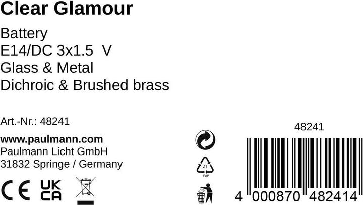 Nutritional values and ingredients Pauleen Clear Glamour mobile table lamp (25 lm, E14)