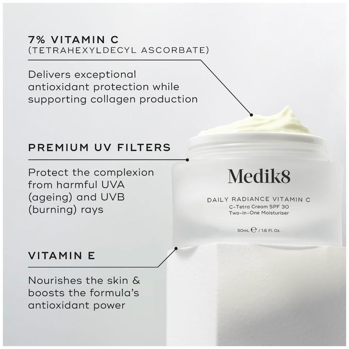 Actual product image Medik8 Daily Radiance Vitamin C C-Tetra Cream SPF 30 Two-in-One Moisturiser 50ml (Body milk, 50 ml)
