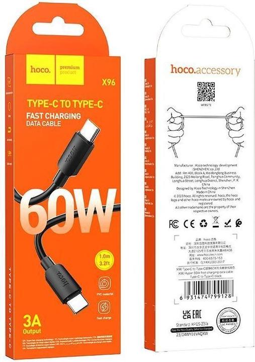 Actual product image Hoco USB-C to USB-C X96, 60W, 3A, 1m, black (1 m, USB 3.2 Gen 1, 60 W)