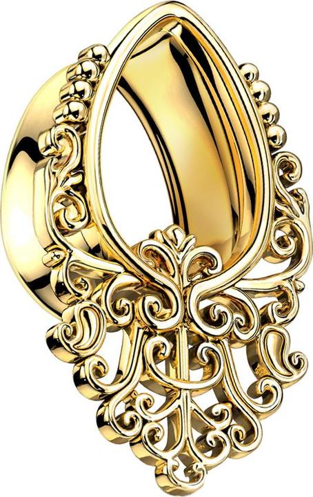 Produktbild Star Piercing Flared Tunnel vergoldet Tropfen mit filigranem Muster (Chirurgenstahl 316L, Messing)