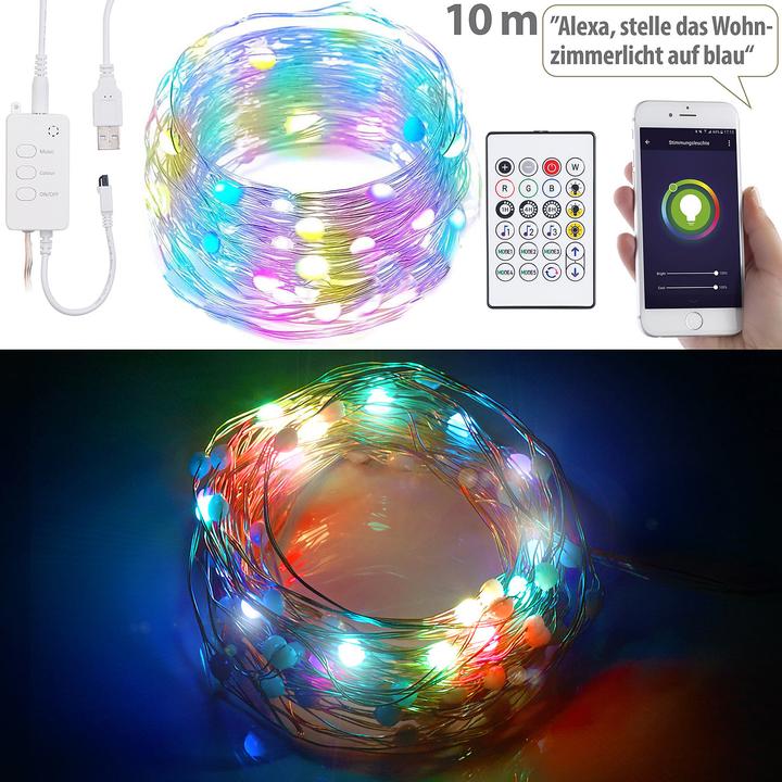 Produktbild Luminea RGB-LED-Lichterdraht mit Musik-Steuerung, WLAN und App, USB, 10 m (10 m)